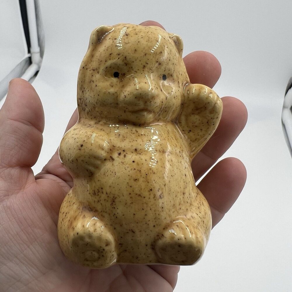 Rare Vintage Macrame Ceramic Bead Baby Bear Light Brown Figurine Stuffy Paw
